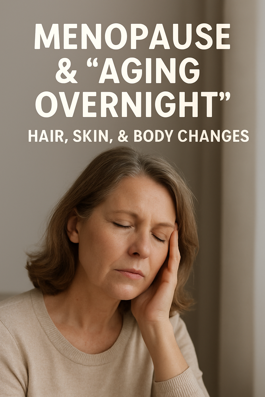 A woman looking thoughtfully at her reflection in a mirror.